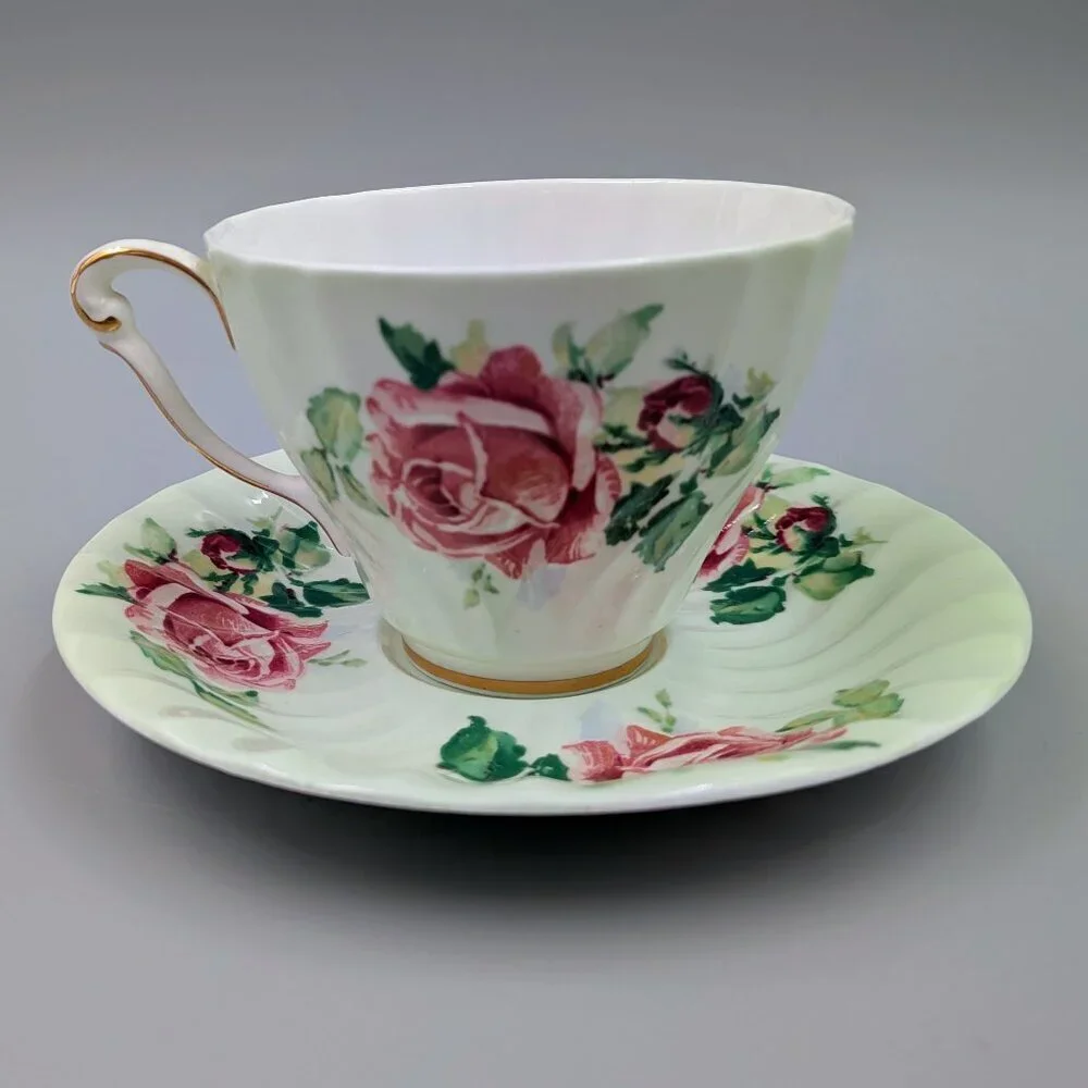 Vintage Queen Anne Bone China Tea Cup and Saucer Set - Mint Green with Pink Cabb